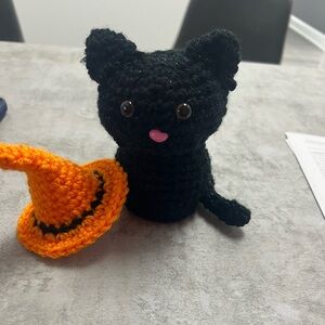 Black Cat Plush Toy with Orange Witch Hat